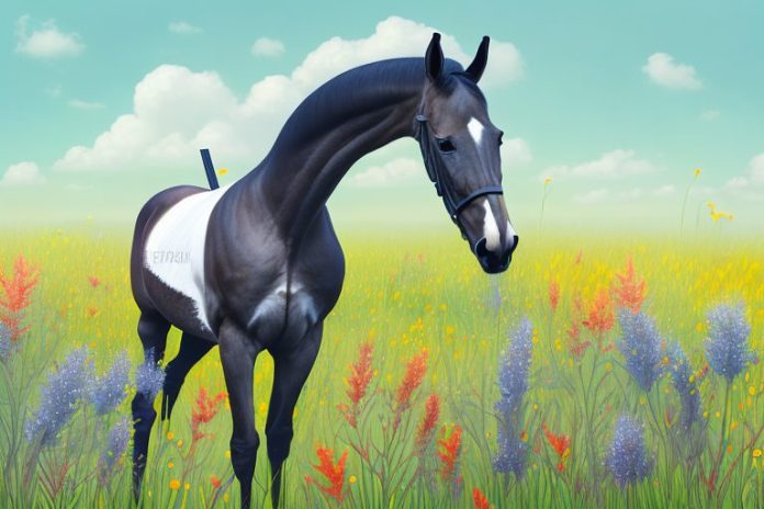 A belgian warmblood horse in a field of wildflowers in springbok