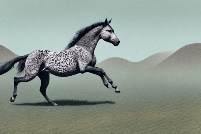 An appaloosa horse galloping through the countryside near hartbeespoort
