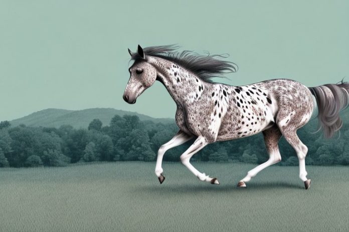 An appaloosa horse galloping through a rural landscape