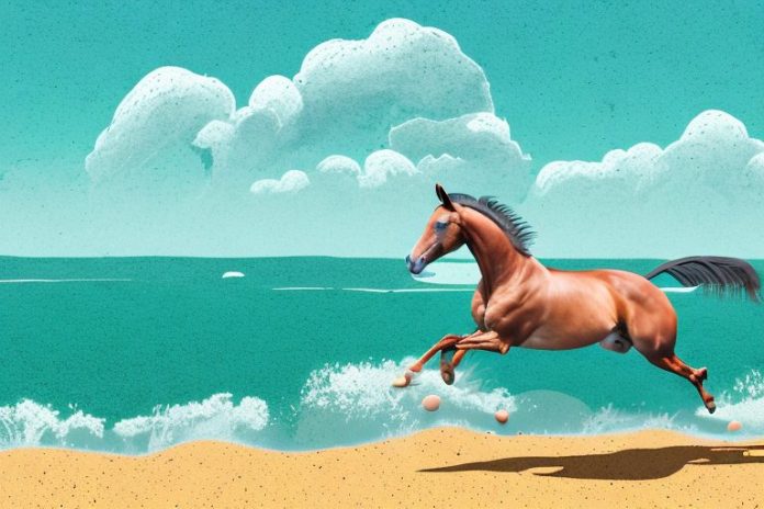 A belgian warmblood horse galloping through a beach landscape in mossel bay