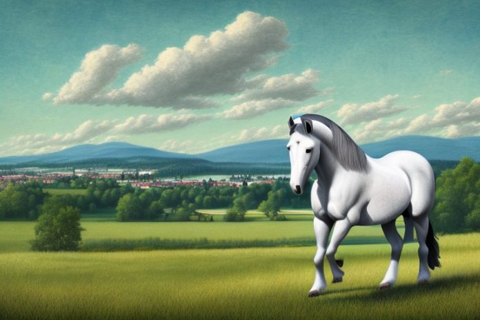 A percheron horse in a rural setting with a view of ladysmith in the background
