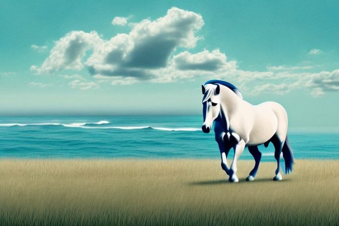 A percheron horse in a field with the ballito coastline in the background