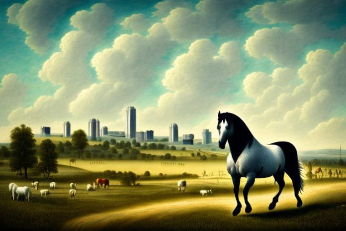 A percheron horse in a rural landscape with a king william's town skyline in the background