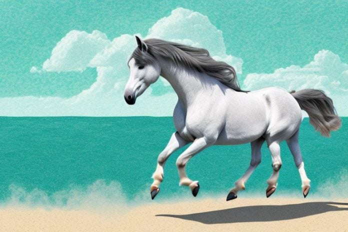 A percheron horse galloping through a beach landscape in jeffreys bay