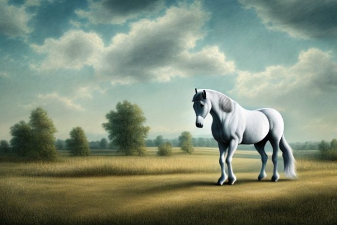 A percheron horse in a rural landscape with a sasolburg backdrop