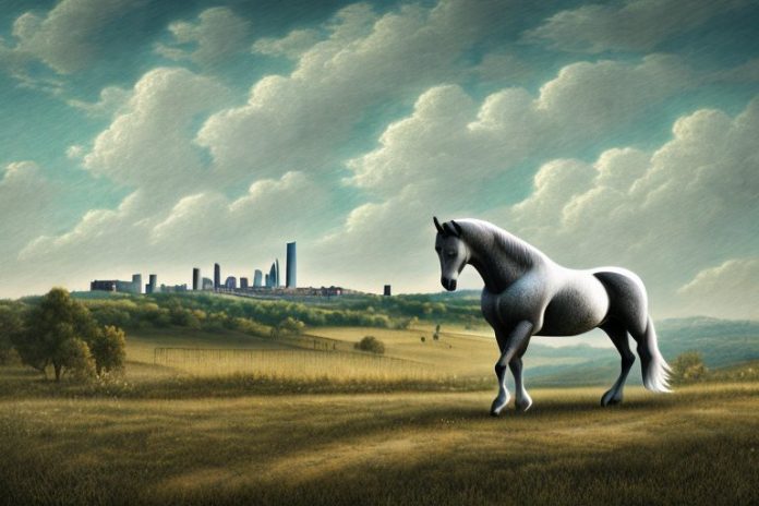 A percheron horse in a rural landscape