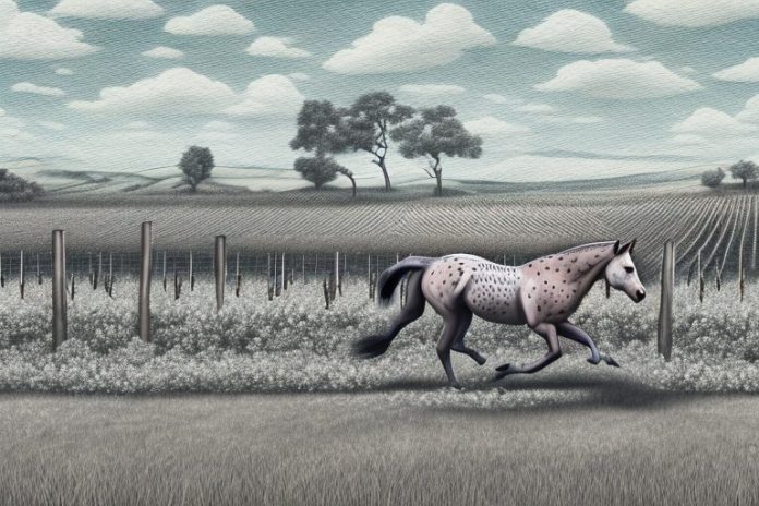 An appaloosa horse galloping through a vineyard in stellenbosch