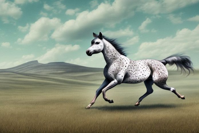 An appaloosa horse galloping in a rural landscape near harrismith