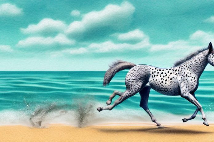 An appaloosa horse running through a beach landscape in mossel bay