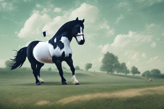 A percheron horse being ridden in a rural landscape