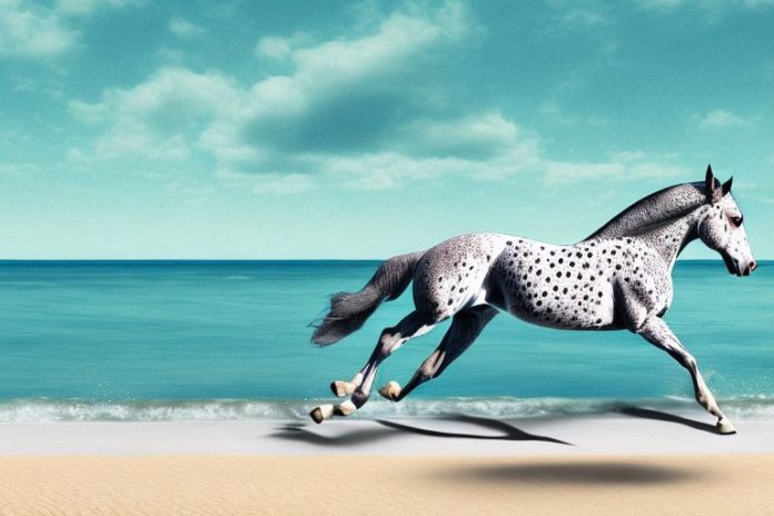 An appaloosa horse galloping through the beach in simon's town