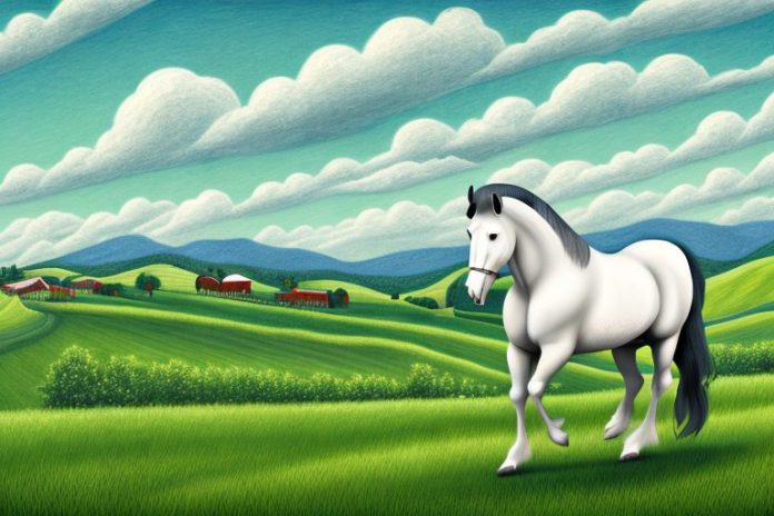 A percheron horse in a rural landscape with rolling hills and vineyards in the background