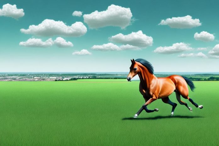 A hanoverian horse galloping through a grassy field with a view of richards bay in the background