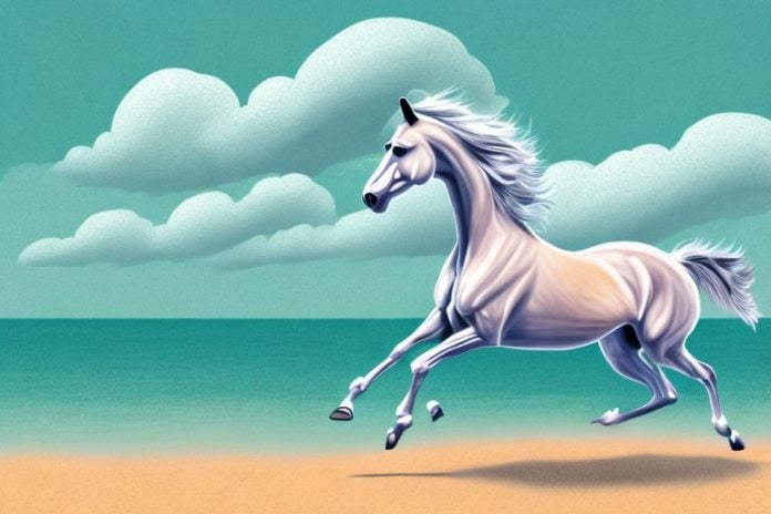 A hanoverian horse galloping through a margate beach landscape