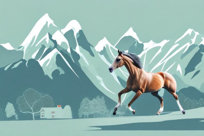 A hanoverian horse galloping through a scenic queenstown landscape