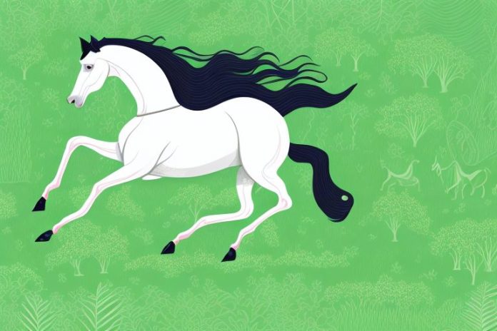 A hanoverian horse galloping through a lush