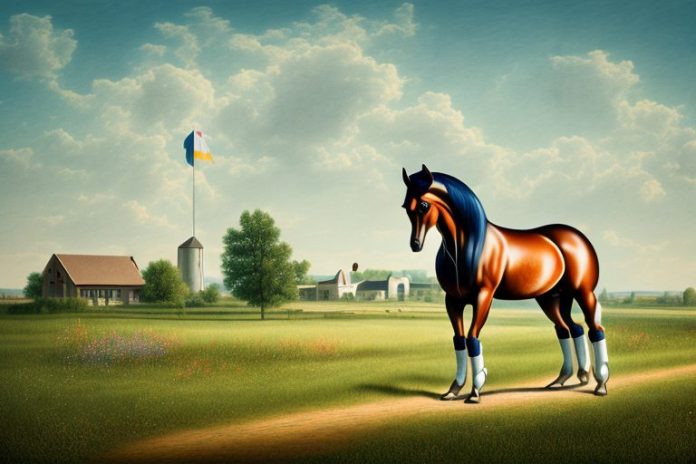 A hanoverian horse in a rural setting with a welkom landscape in the background
