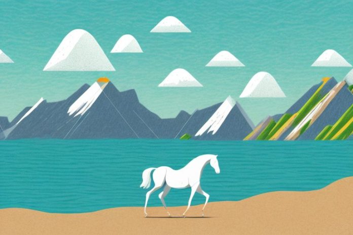 A horse in a landscape with mountains and a beach in the background
