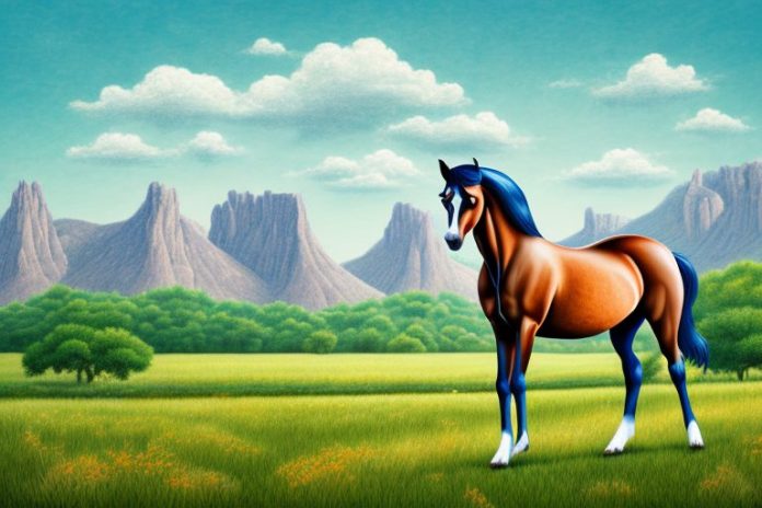 A hanoverian horse in a field with a view of botshabelo in the background