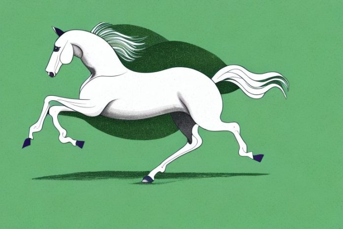 A hanoverian horse galloping through a lush green landscape in parys
