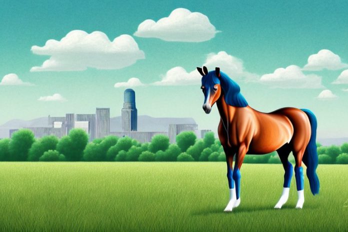 A hanoverian horse in a field with vanderbijlpark in the background