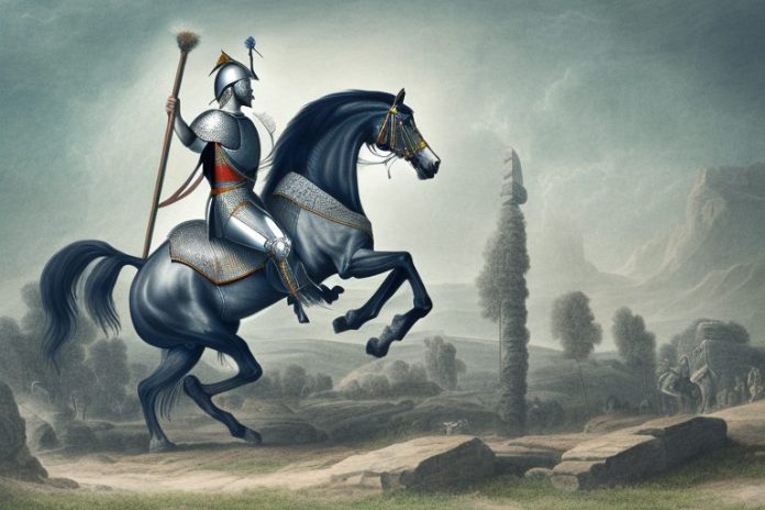 A hanoverian horse being ridden in a centurion landscape