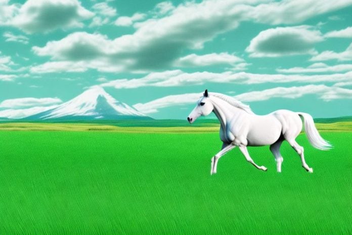 A horse galloping through a grassy landscape in richards bay