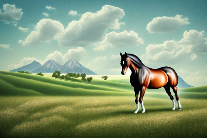 A hanoverian horse in a field with a rural landscape in the background
