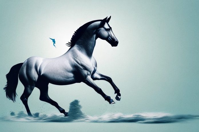 A hanoverian horse galloping through a white river
