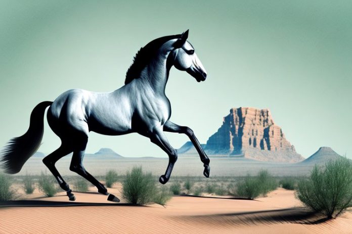 A hanoverian horse galloping through the desert landscape of kuruman