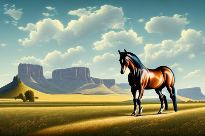 A hanoverian horse in a field with a colesberg landscape in the background
