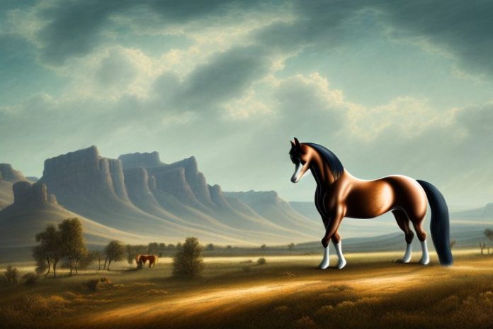 A hanoverian horse in a rural landscape with the calvinia mountains in the background