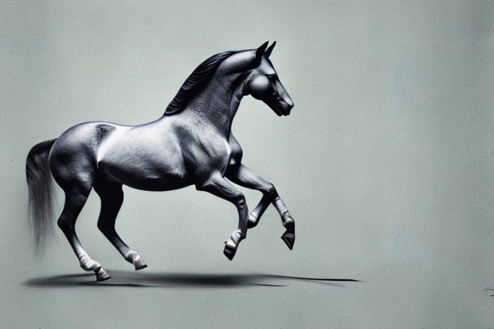 A hanoverian horse galloping through a rustic landscape