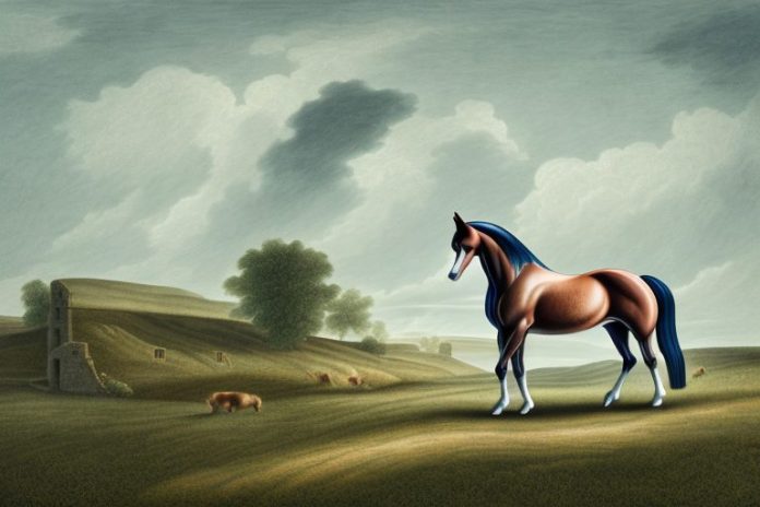 A hanoverian horse in a rural landscape in orkney