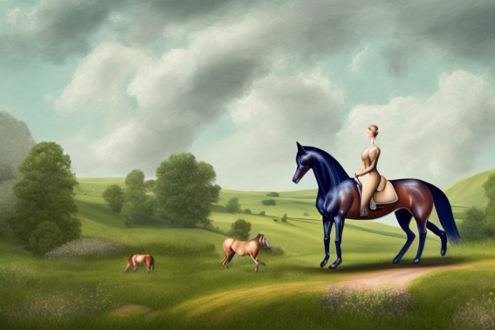 A hanoverian horse being ridden in a british countryside landscape