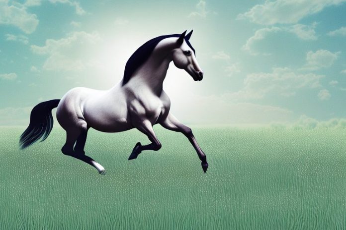 A hanoverian horse galloping through a field in vryburg