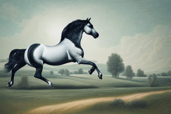 A hanoverian horse galloping through a rural landscape in lichtenburg
