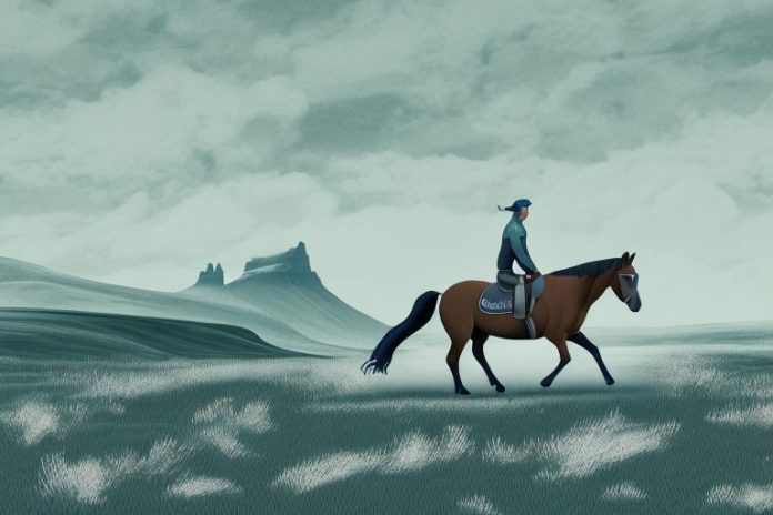 A horse and rider in a rural icelandic landscape
