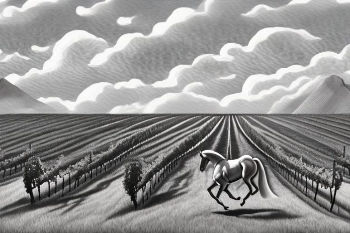 A hanoverian horse galloping through a vineyard in stellenbosch