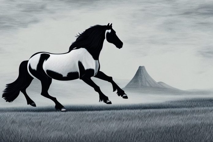 A friesian horse galloping in a rural landscape in kwa zulu natal