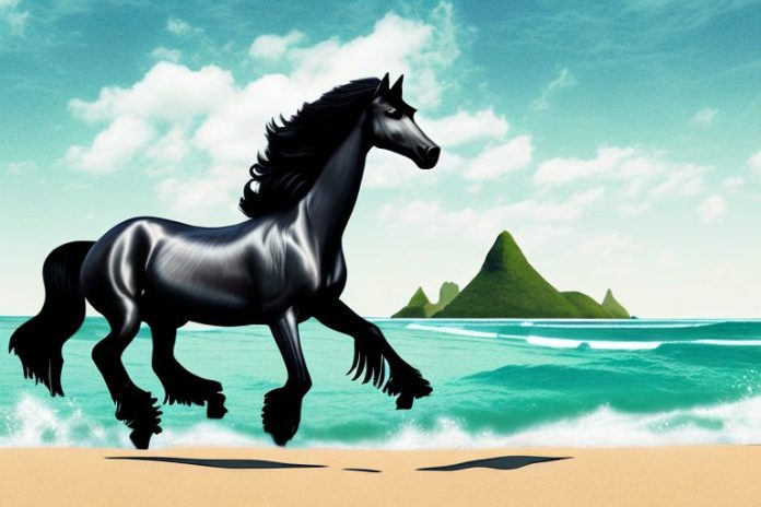 A friesian horse galloping through a beach landscape in durban