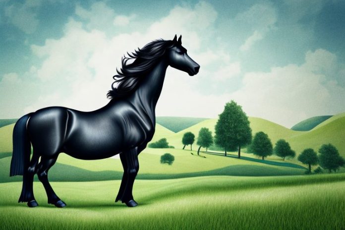 A friesian horse in a rural setting
