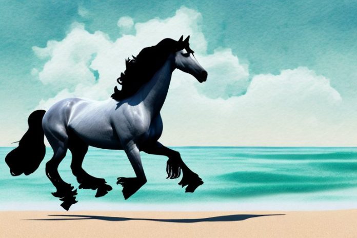 A friesian horse galloping along a beach in richards bay