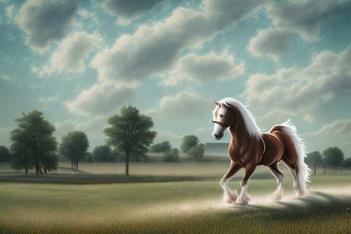 An american belgian draft horse being ridden in a rural landscape in kroonstad