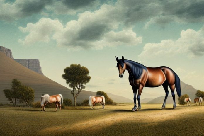 A morgan horse in a rural landscape in north west