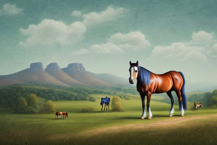 A kentucky mountain saddle horse in a rural landscape in east london