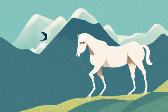 A horse in a mountain landscape with a saddle on its back