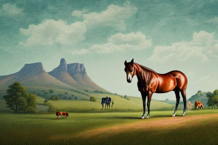 A kentucky mountain saddle horse in a rural landscape in delmas