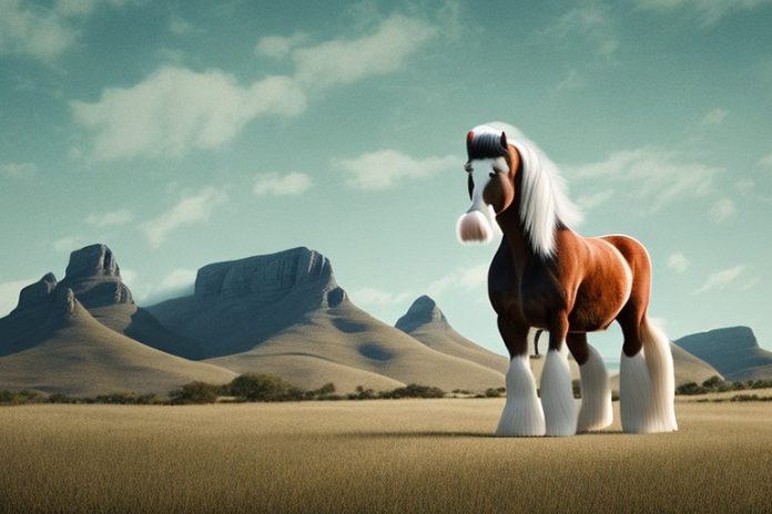 A clydesdale horse standing in a rural landscape in the western cape