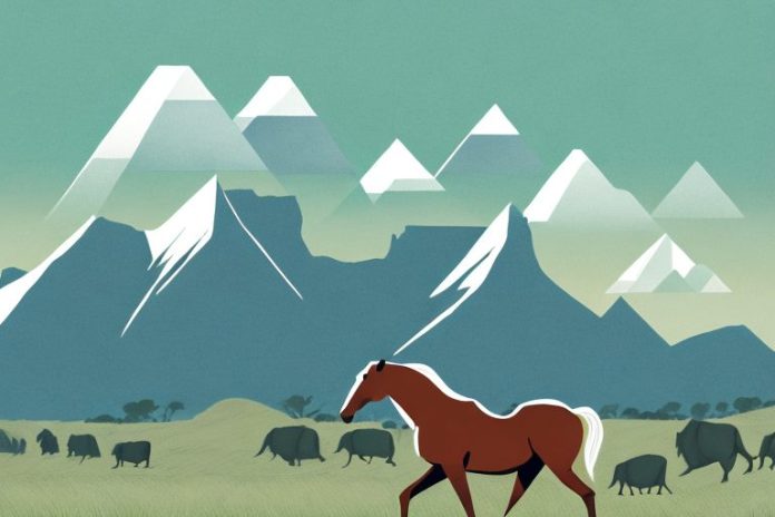 A horse in a south african landscape with mountains in the background